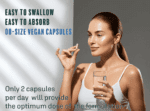 Woman holding a glass of water and a supplement, highlighting easy-to-swallow vegane Kapseln for Leber health