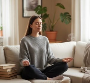 A woman in a grey sweater meditating on a couch with eyes closed, promoting stress management and mental well-being.