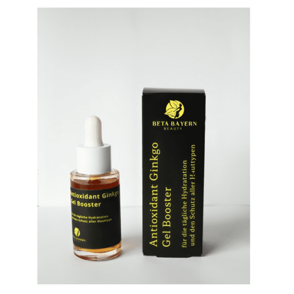 Vita Elixia Antioxidant Ginkgo Gel Booster dropper bottle and black gold-embossed box for daily hydration and protection.