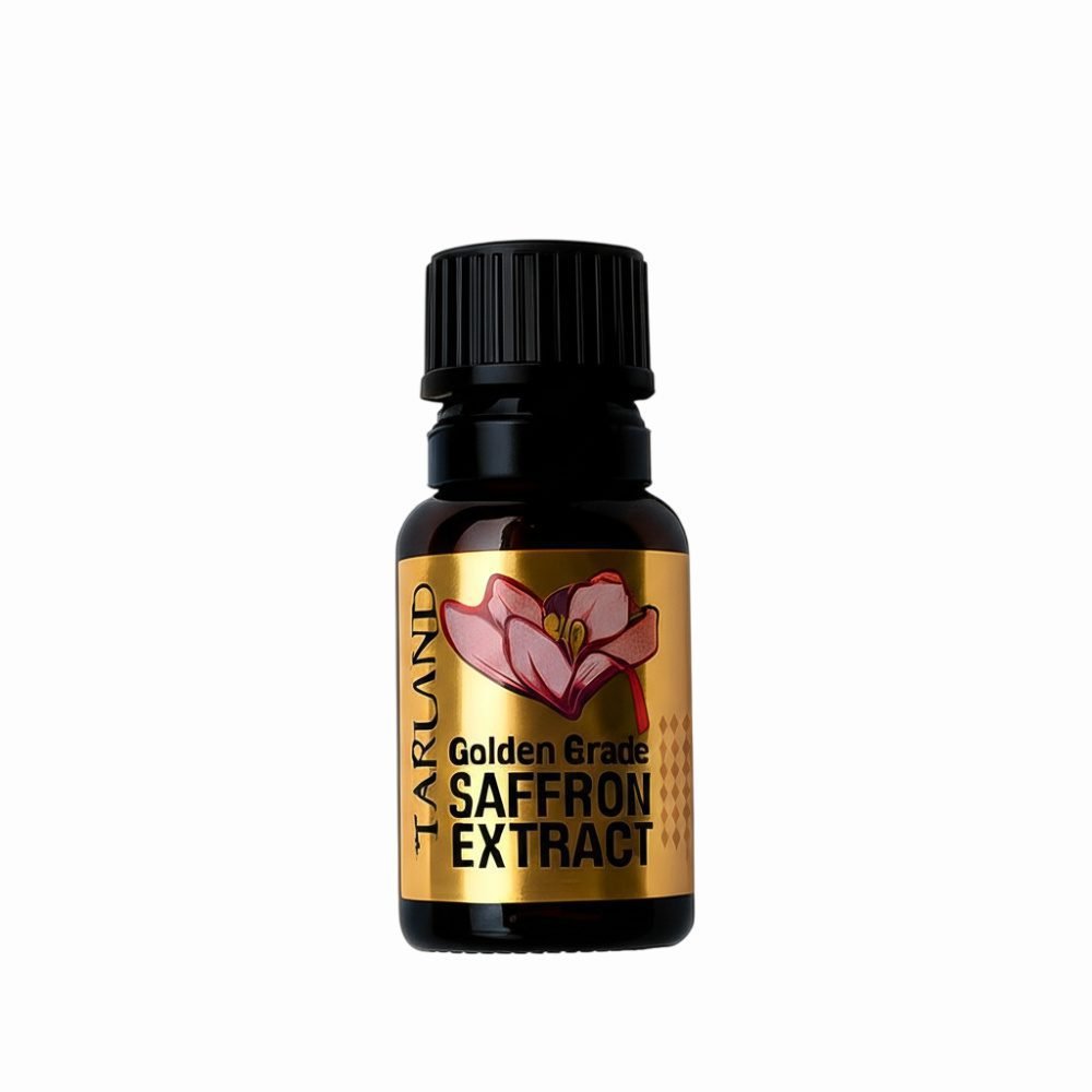Amber glass bottle of Tarvand Golden Grade Saffron Extract with a gold label and pink crocus flower