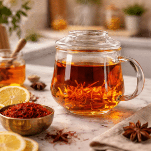 Saffron tea brewed with organic ground saffron powder