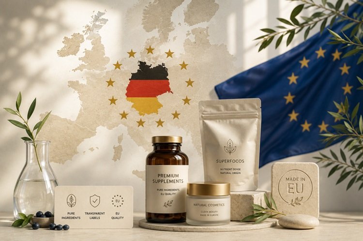 A European wellness house — Elixia's apothecary workspace in Nuremberg with botanicals and glass vessels