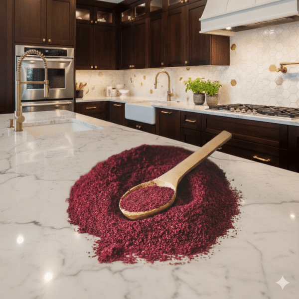 Ground organic sumac powder served with a wooden spoon