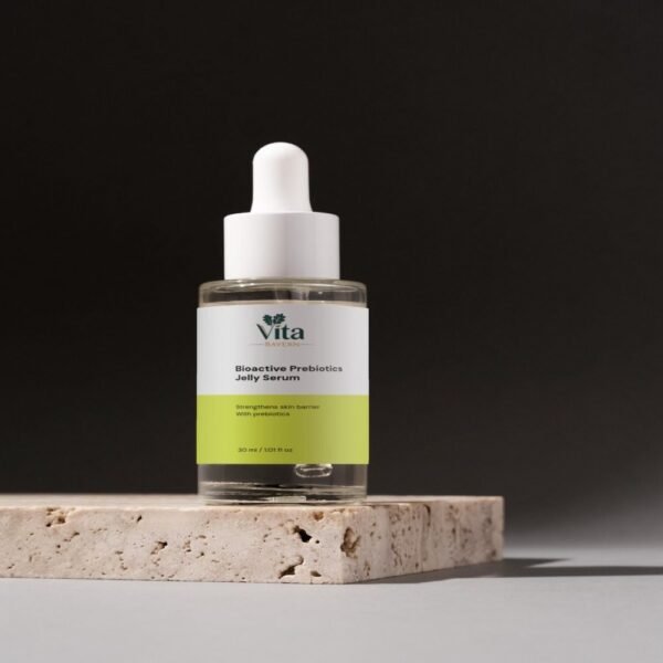 Bioactive Prebiotics Jelly Serum bottle on natural stone