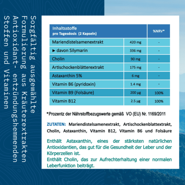 VITA ELIXIA Liver Care supplement facts table with ingredients and daily dose