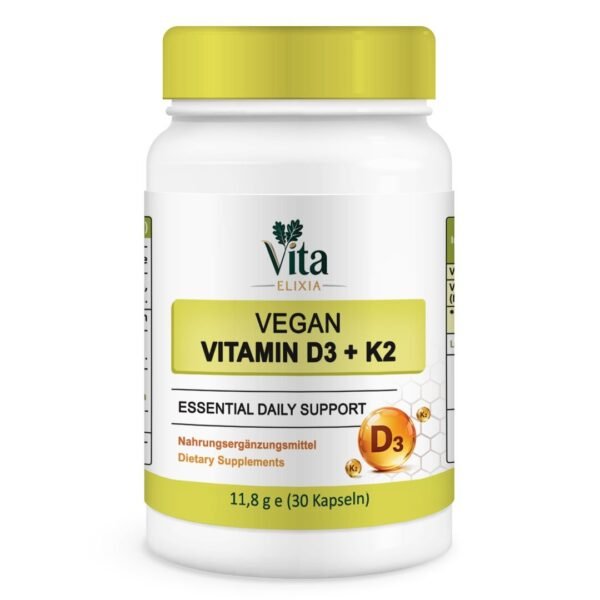Vegan Vitamin D3 + K2 capsules jar by VITA ELIXIA