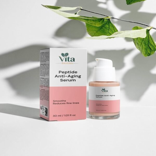 Peptide Anti-Aging Serum and box in soft daylight
