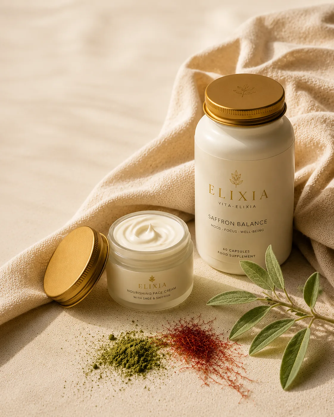 Vita Elixia supplement jar beside a natural cosmetic on warm ivory linen, European-made