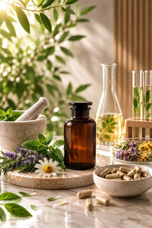 Amber apothecary bottle, marble mortar and pestle, fresh herbs and laboratory glassware beside a bowl of supplement capsules