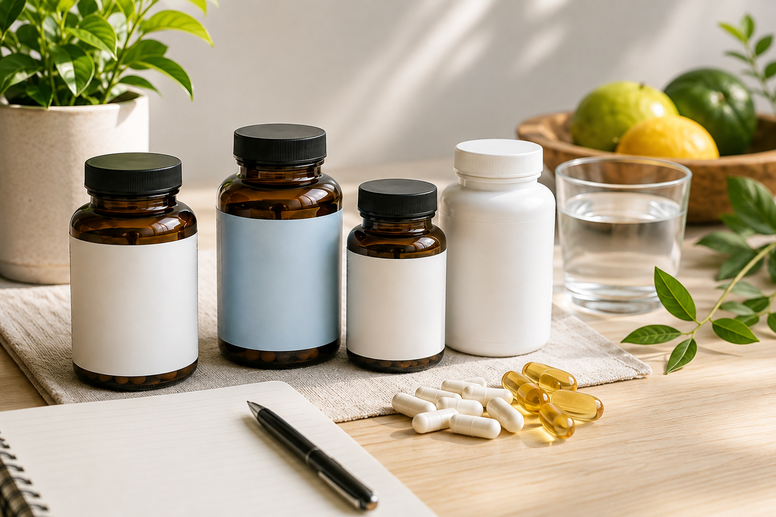Various supplement bottles, capsules, and softgels beside a glass of water on a wooden table